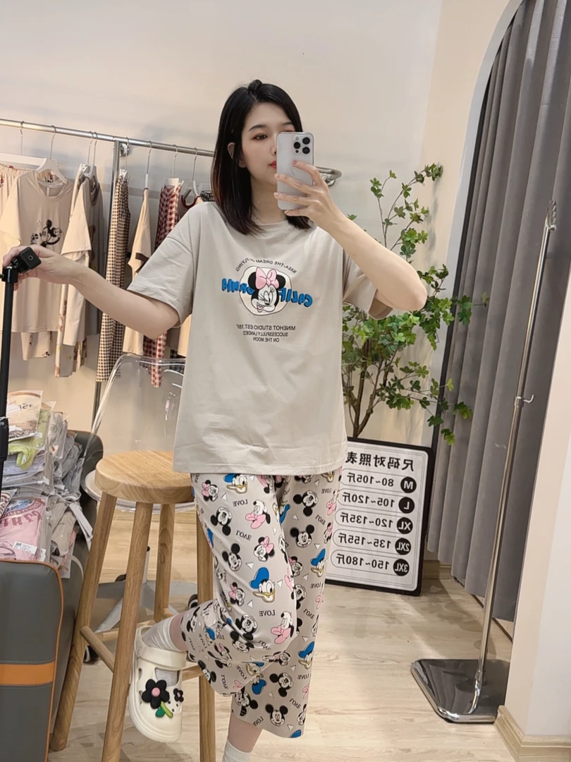 夏季爽棉睡衣女舒适时尚休闲宽松印花卡通居家韩版夏天家居服套装