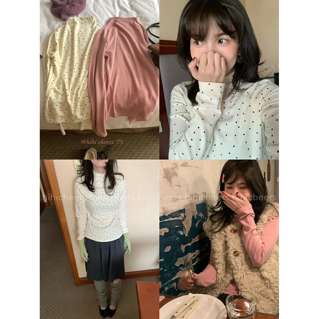 嗨嗨干杯 蜜桃啵啵 双色!韩系波点小高领亲肤显白长袖t恤打底内搭