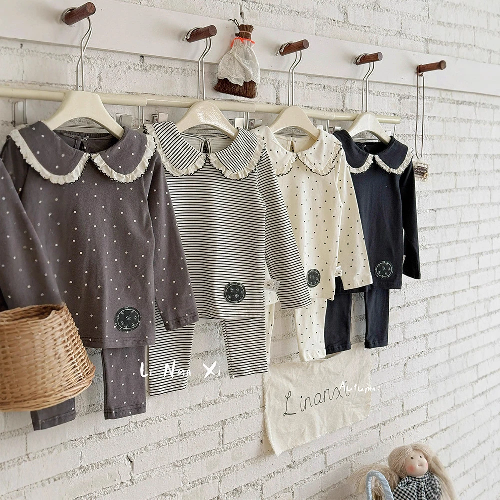 女童内衣套25秋新款甜美翻领家居服88052条纹绣花打底杉打底裤