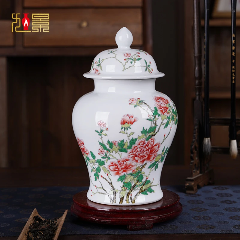 手绘牡丹茶叶罐存茶罐储存罐将军罐景德镇陶瓷花瓶新中式客厅摆件