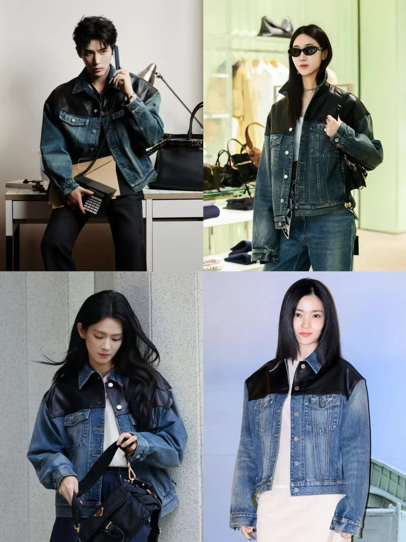 王安宇同款 皮革拼接水洗磨白翻领宽松率性夹克牛仔短外套80324