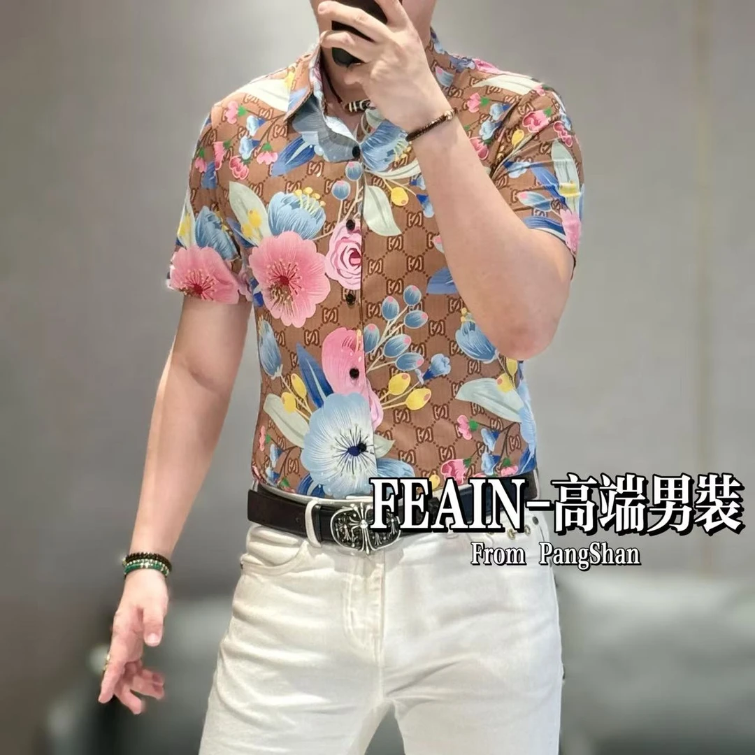 高端定制进口莱卡弹力花开富贵G家风格短袖衬衫2535