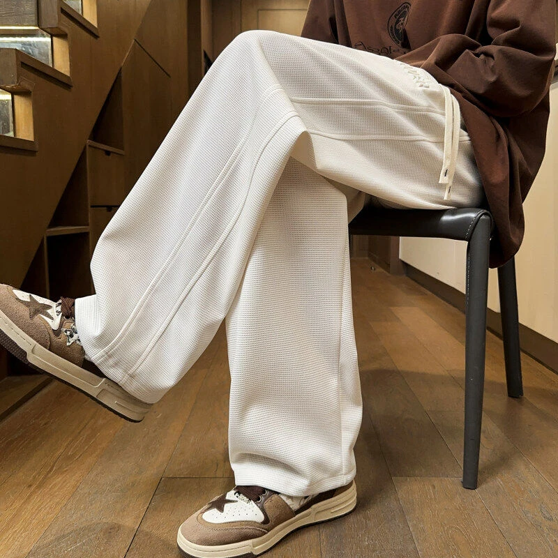 美式垂感重磅休闲西裤男潮牌夏季宽松拖地百搭纯色凹凸印长裤子男