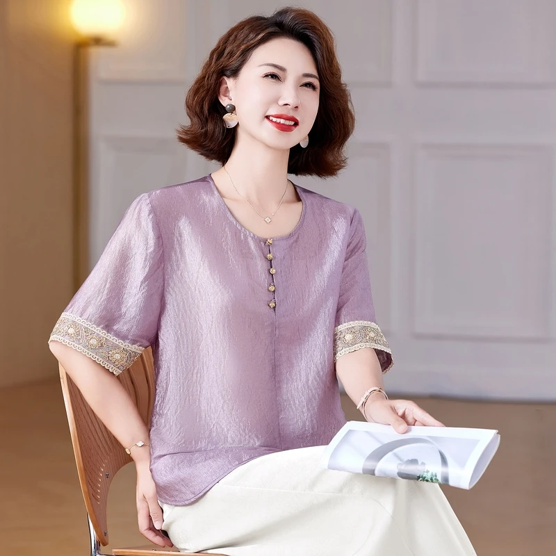 中年妈妈夏装时尚洋气短袖小衫新款中老年女装夏季国风上衣两件套