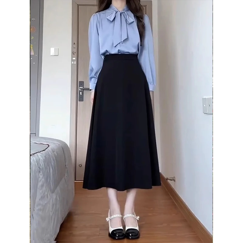 耶古通勤风黑色a字西装半身裙子女秋冬款显瘦高腰垂感大摆伞裙子