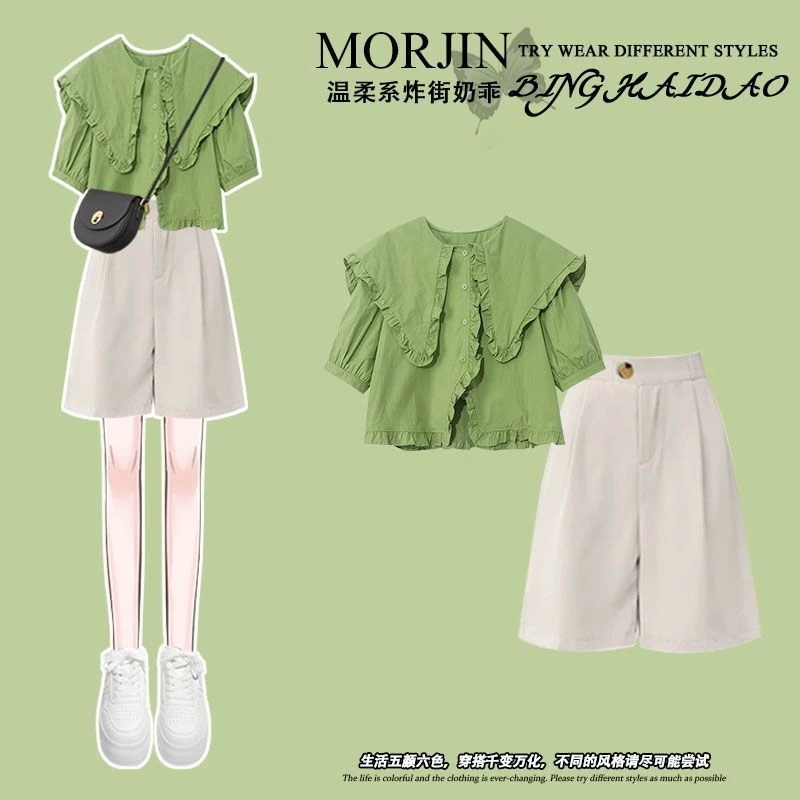 夏季穿搭一整套女2025新款娃娃领上衣衬衫显瘦百搭休闲短裤两件套