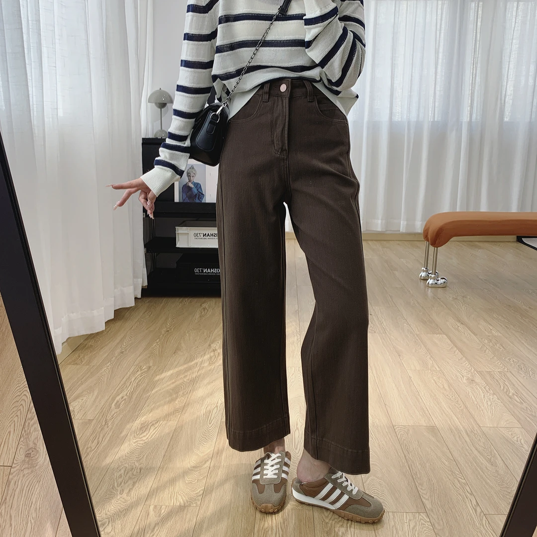 美拉德弹力高腰显瘦牛仔裤女秋季2025新款梨型身材宽松直筒奶奶裤