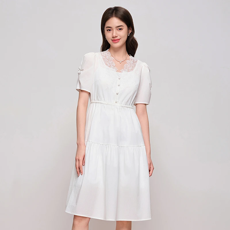 【千颂妮专享】DOUBLOVE森系轻中式蕾丝V领连衣裙收腰小白裙