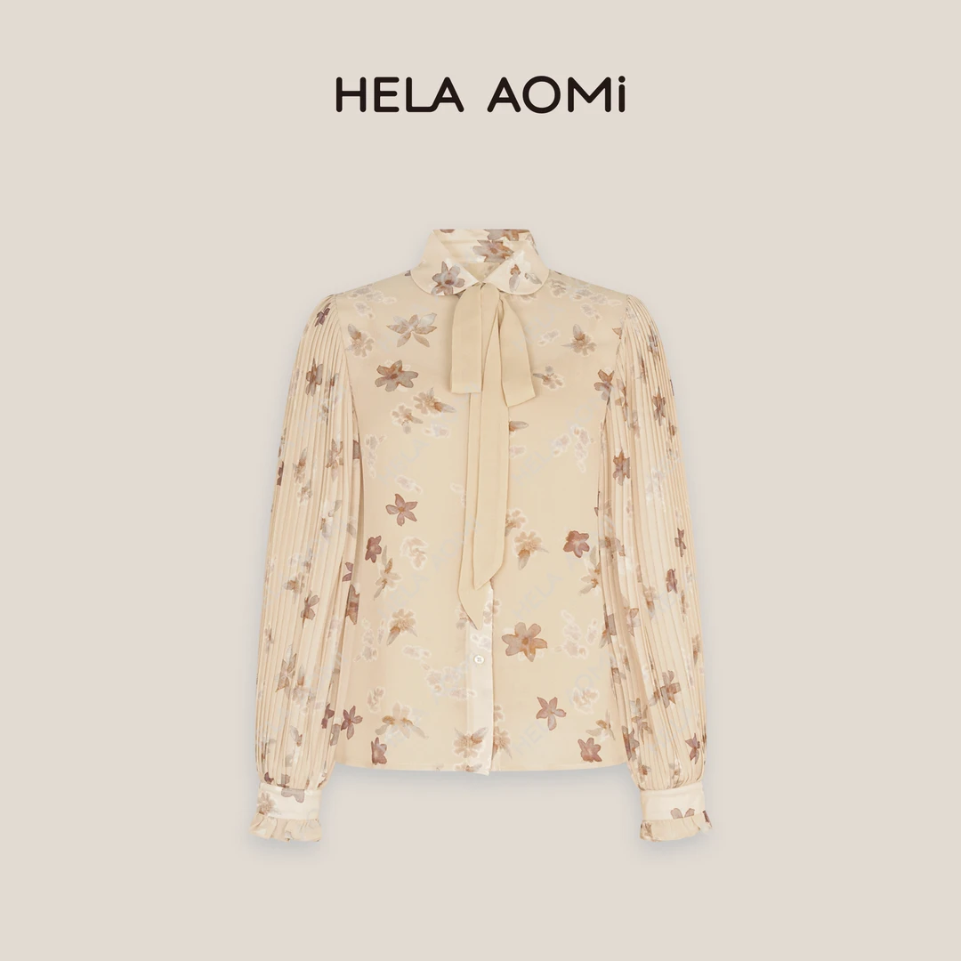 HELA AOMI “风琴记”诗意浪漫重工压褶长袖飘带印花衬衫CY5CN11116