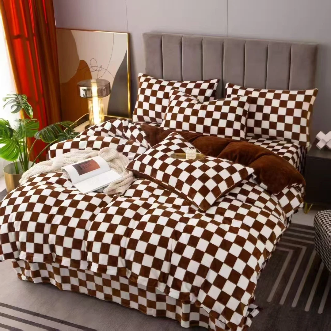 套件白咖棋盘格牛奶绒三件套被套150*200床单150*200枕套48*74*1