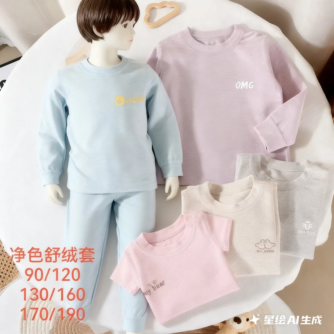 380克儿童舒绒棉秋冬加厚磨毛秋冬款长袖家居服保暖内衣套装8309