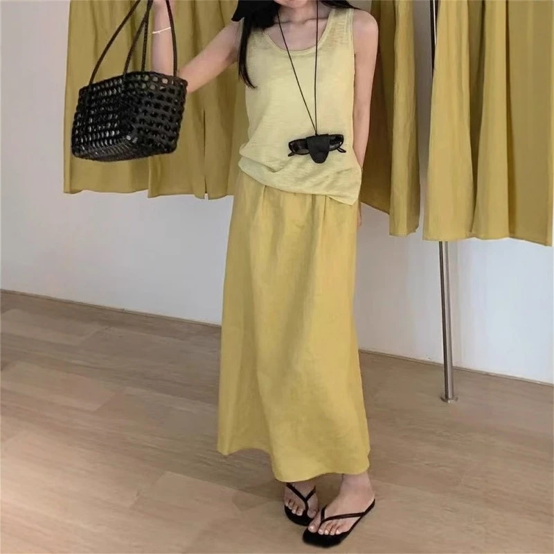 日杂风黄色棉麻苎麻半身裙女夏超好看开叉中长款高腰亚麻a字长裙