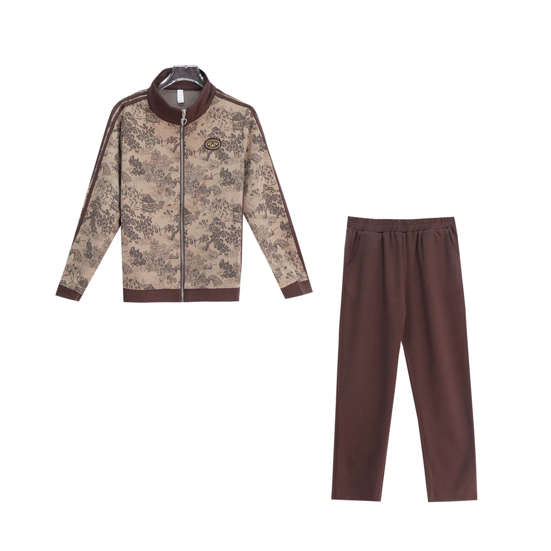 轻奢拼接风景印花拉链上衣纯色休闲裤套装S4661