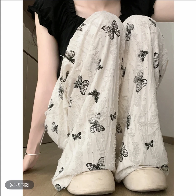 高个子175加长破洞烫钻白色不透2025夏季新款遮肉显瘦阔腿拖地裤