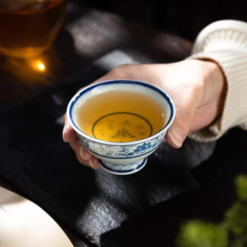 景德镇陶瓷主人杯单杯手绘缠枝莲高脚杯个人杯女中式仿古功夫茶具