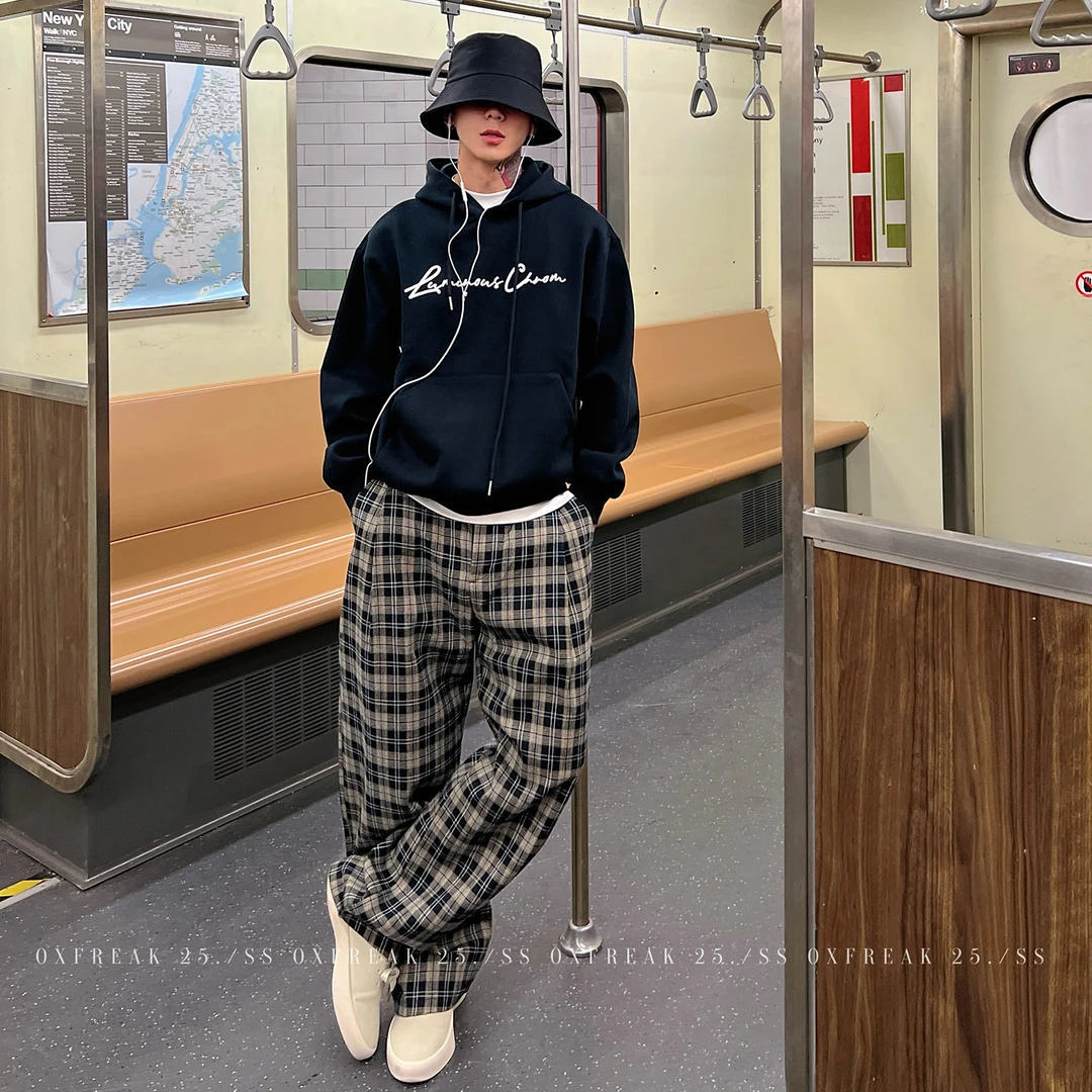 OXFREAK「双纽扣设计」复古咖色格纹休闲裤男直筒宽松垂感格子裤