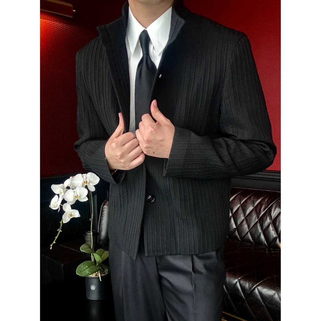 DRUNKCORNER【十周年限定】羊毛混纺微阔版竖条纹立领夹克