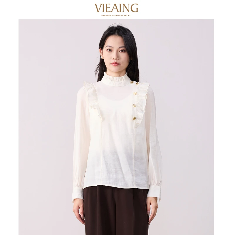 【许半夏推荐】薇迎25新款立领木耳边长袖上衣百搭衬衫279613135573