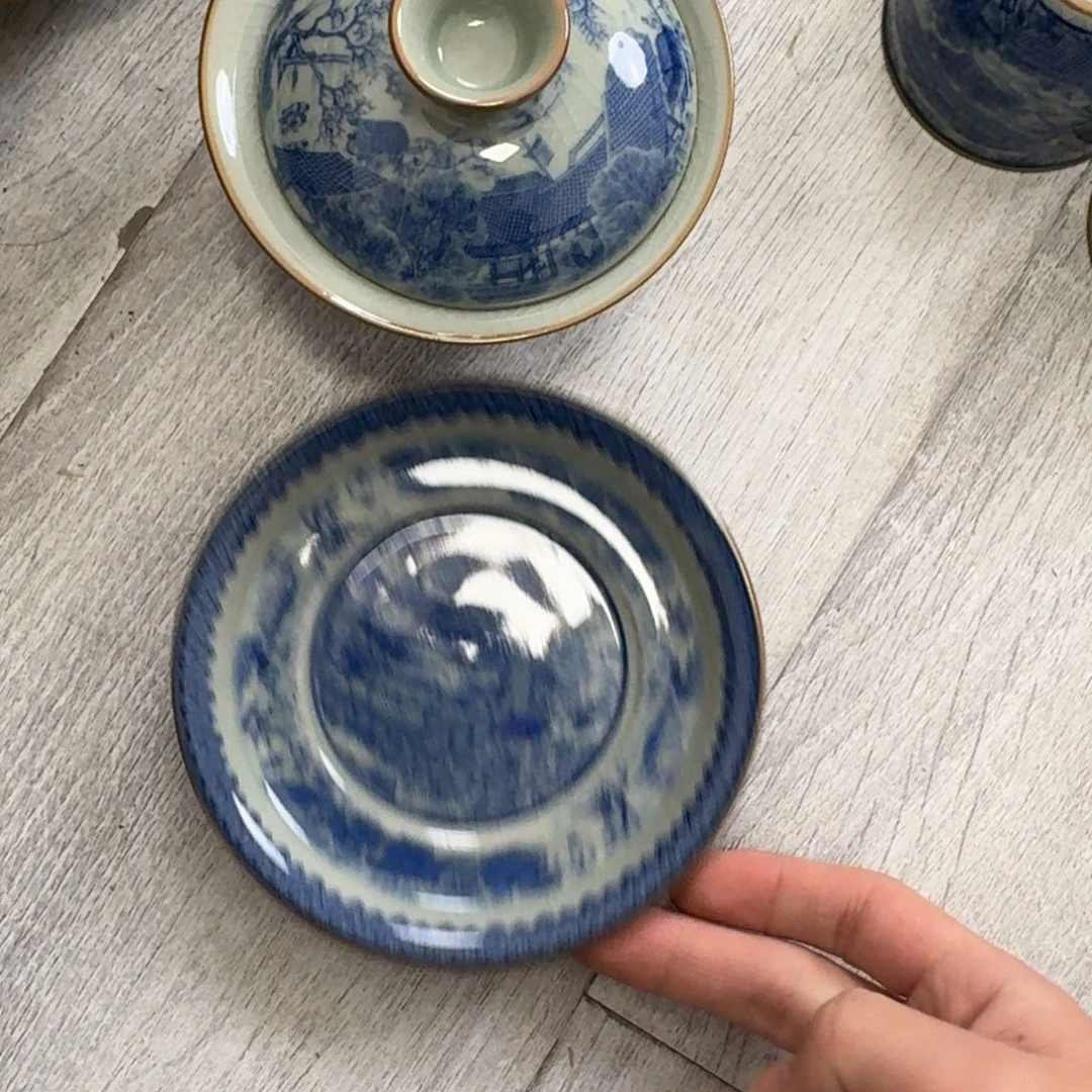 清明上和图马蹄盖碗微瑕