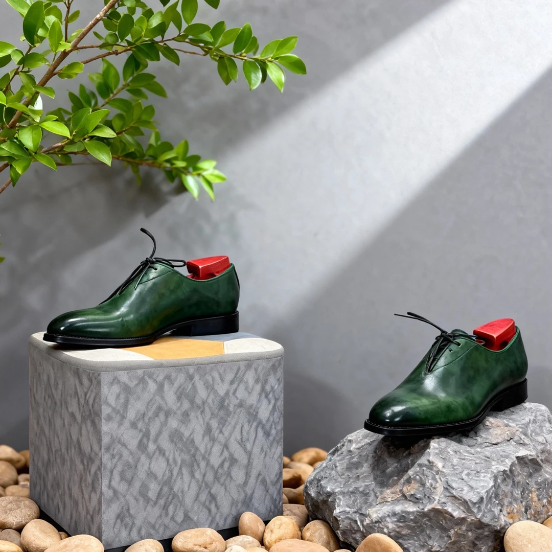 博物馆擦色渐变小牛皮方头系带牛津鞋男士多变式休闲鞋系带牛津