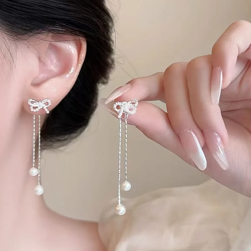 前后两戴蝴蝶结流苏耳钉女适合方圆脸的耳环小众气质甜美百搭耳饰