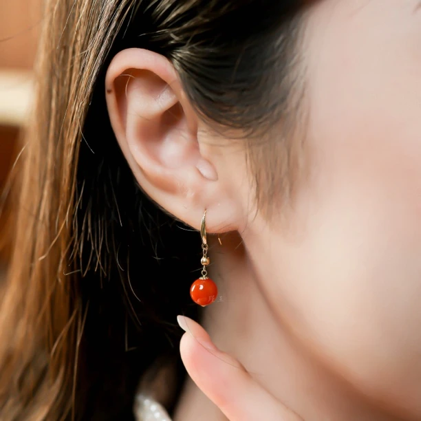 【东方美人】瑾玉 南红耳钩 18k金镶嵌瓦西料艳柿子 8mm F1907-1