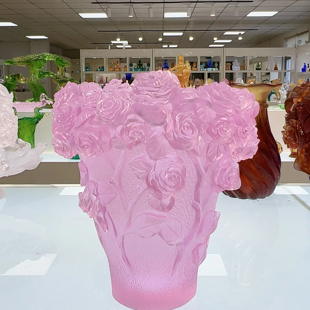 【闪购商品】手工艺品琉璃粉色玫瑰花花瓶 20cm