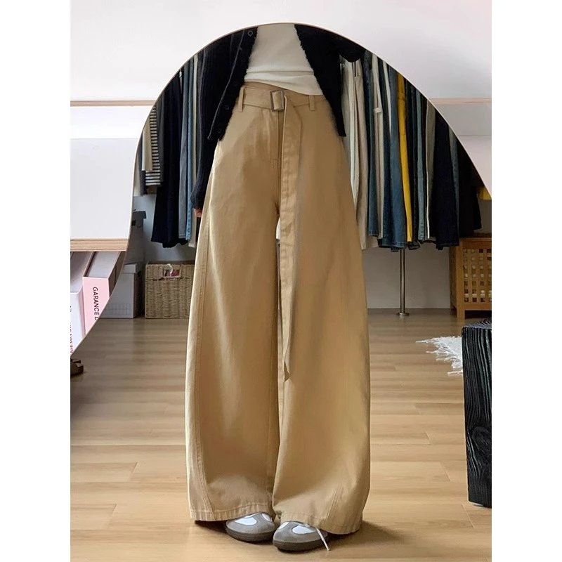 大码卡其色弯刀牛仔裤女夏季高腰胖mm宽松直筒拖地裤休闲阔腿裤子