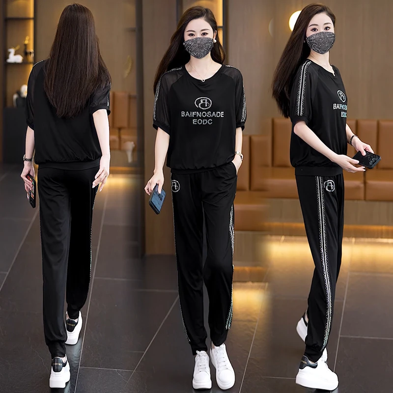 2025夏季大码女装字母镶钻潮流时尚套装两件套