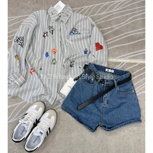 潇潇家【真真减龄】2025夏休闲元气满韩版减龄条纹重工印花衬衣