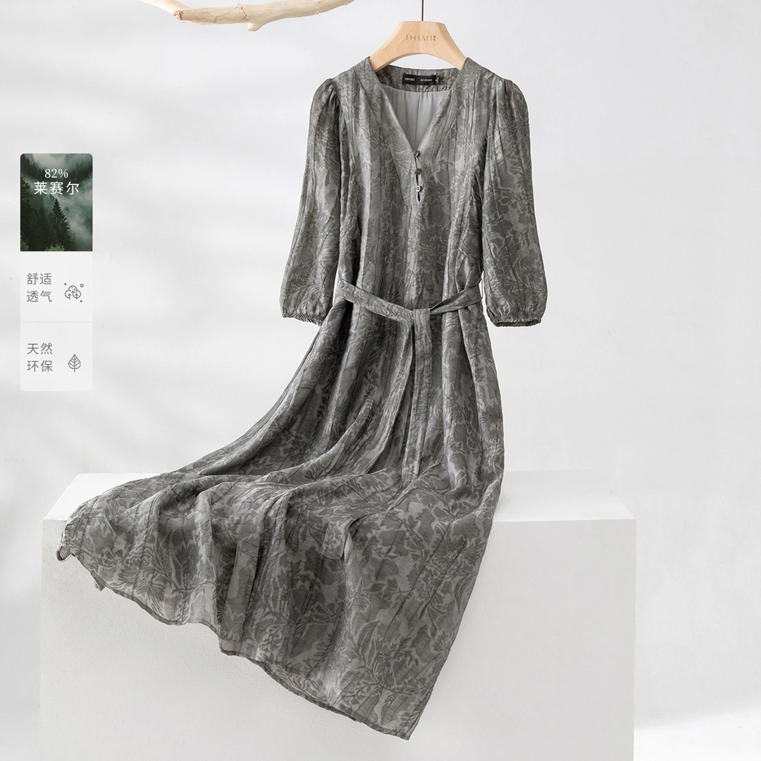 IHIMI/海谧2025春女装微皱感肌理七分袖连衣裙气质婉约炒色茶歇裙