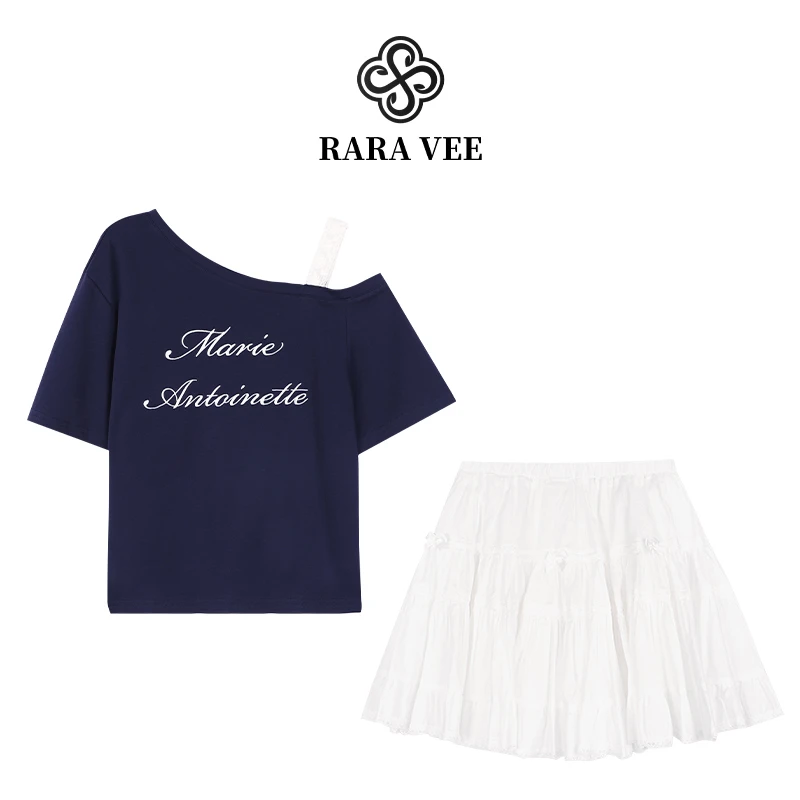 RAA VEE 斜肩字母印花修身T恤蛋糕短裙韩系甜美休闲两件套022080
