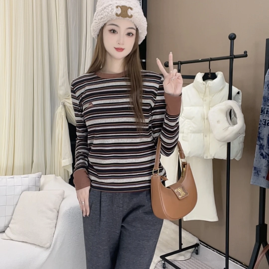 (现货)「M.I.U」秋冬休闲时尚百搭条纹撞色圆领套头羊绒针织毛衫