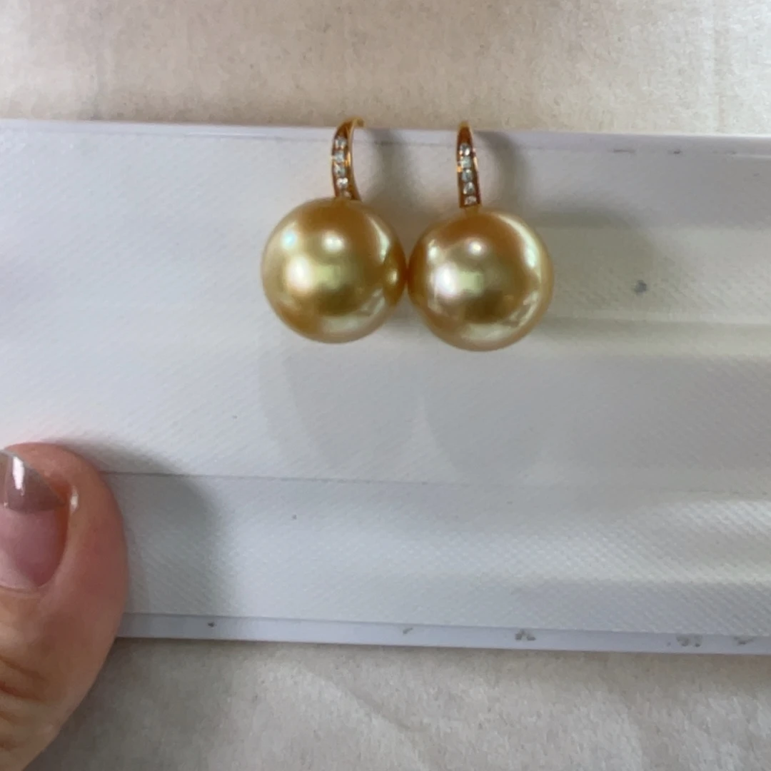 18K金镶嵌耳饰海水珍珠南洋金珠14-15m m