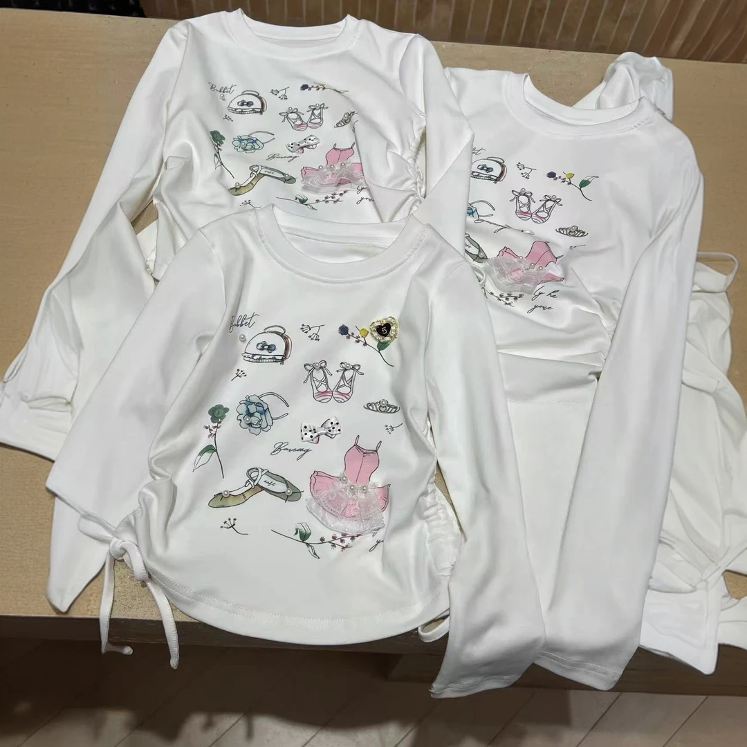 女童2025秋装新品大女童芭蕾风印花手订珠圆领长袖T恤253052