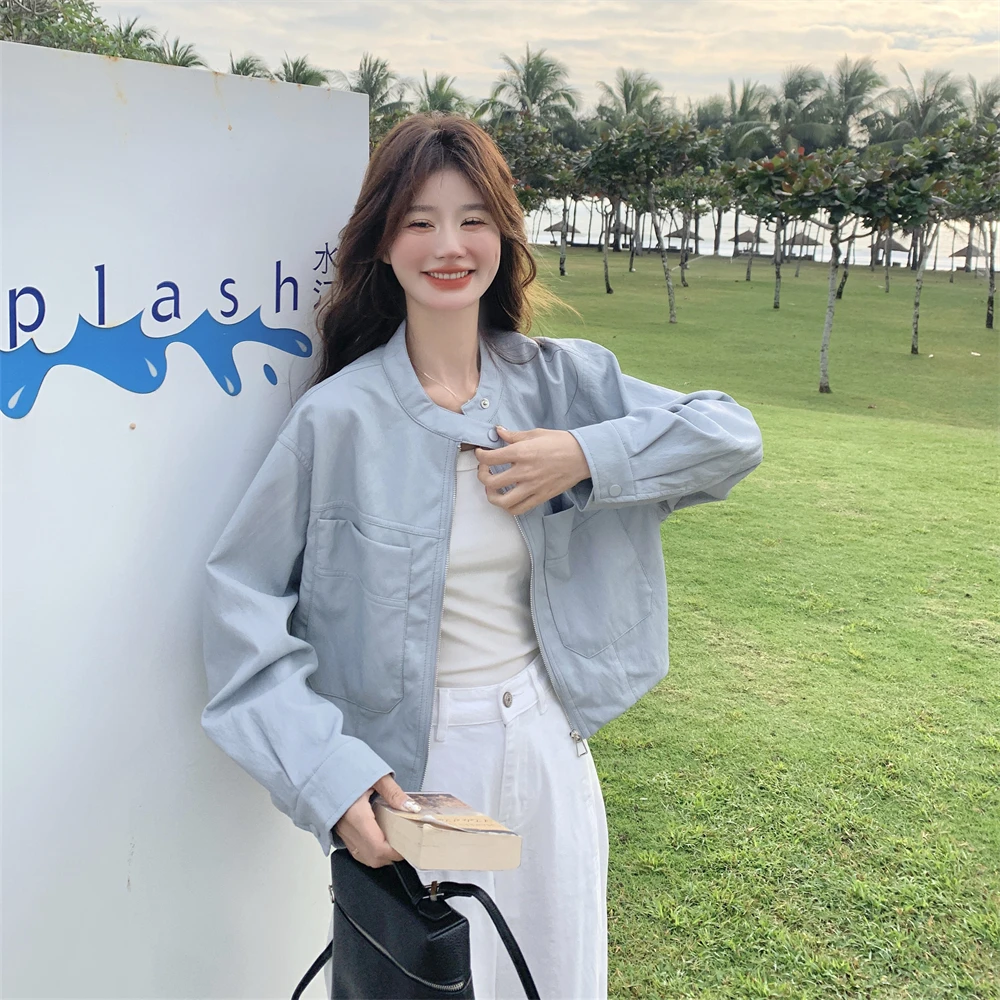 蓝色皮衣外套女时尚2025新款机车服短款pu皮休闲小个子流行炸街