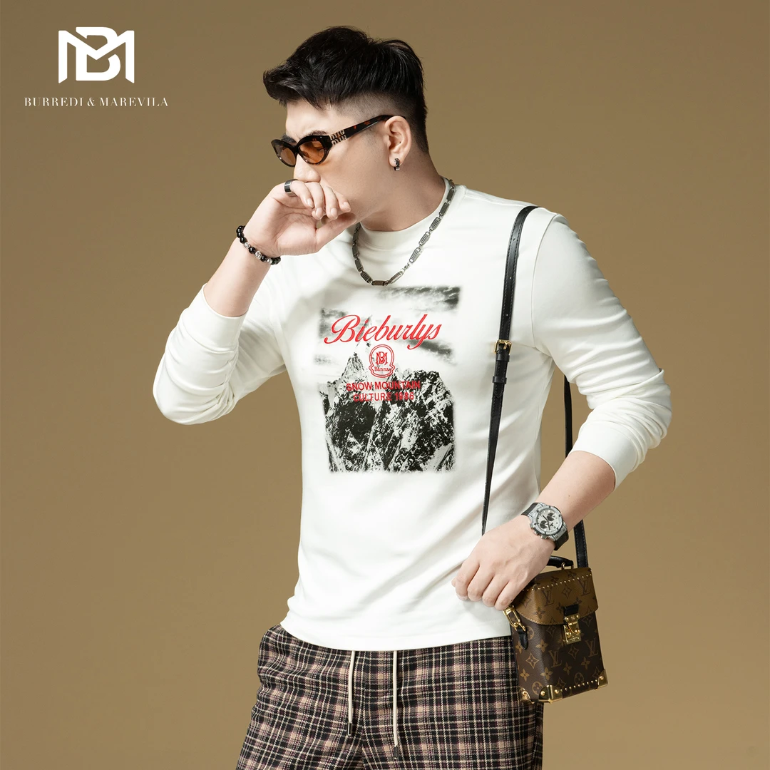 BM雪山印花美式复古卫衣男2025新款男士长袖t恤潮牌刺绣秋冬内搭