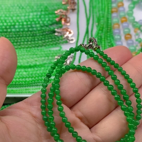 翡翠未镶嵌颈饰缅甸天然翡翠冰种浓阳绿小米珠项链3.8