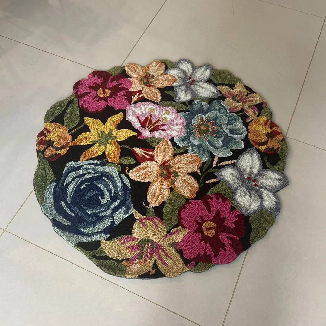 【奇居】轻奢花园里圆形蓝色地毯家用卧室防滑床边毯100*100cm