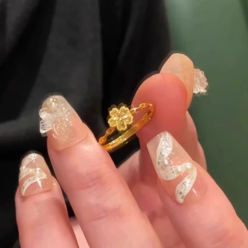 黄铜陶瓷戒指 金色甜美花卉开口可调节指环女式新中式风格植物樱