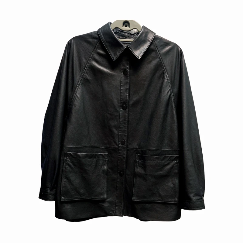 2025秋季新款水洗绵羊皮女士时尚真皮皮衣机车服短款翻领外套