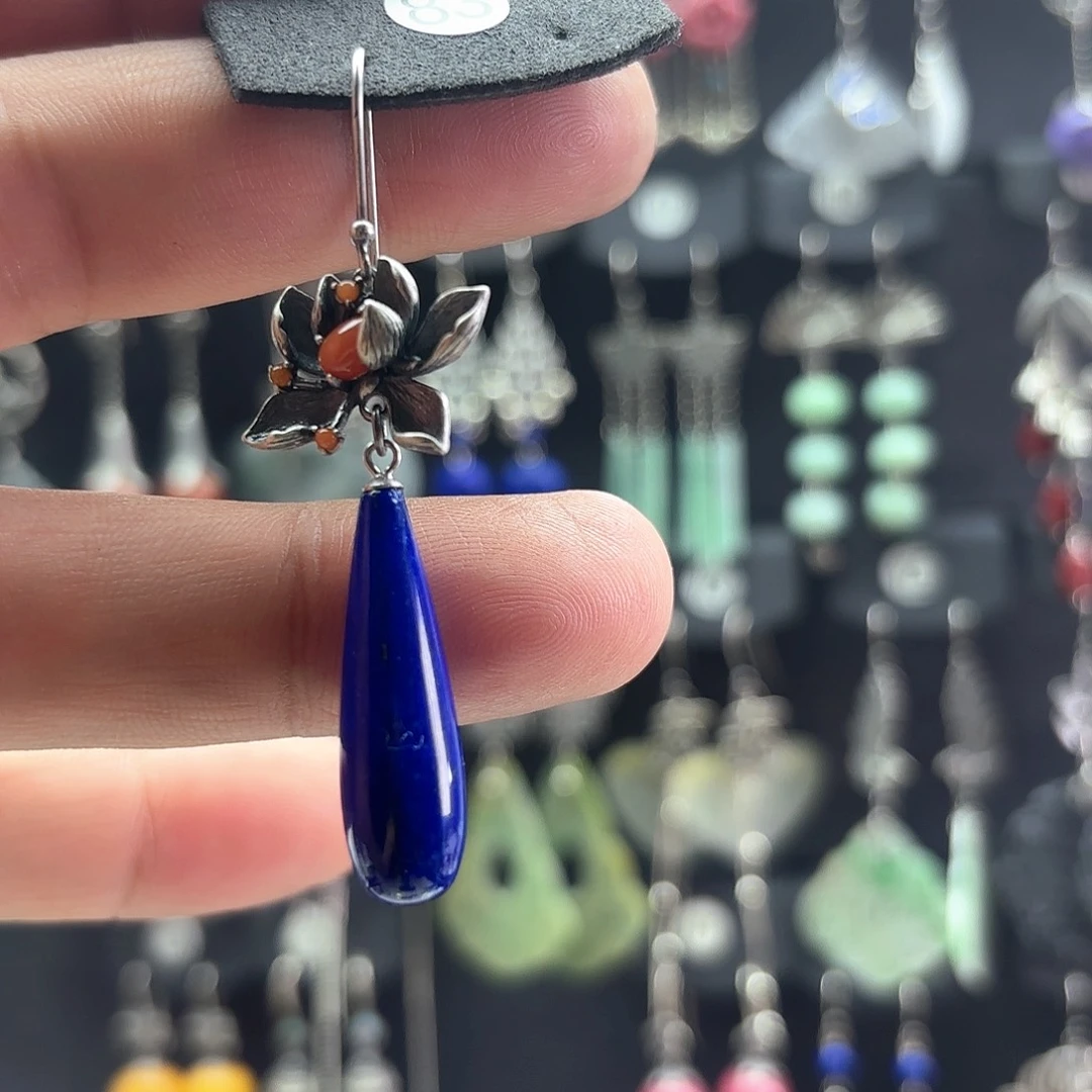 青金石银S925镶嵌耳饰田*