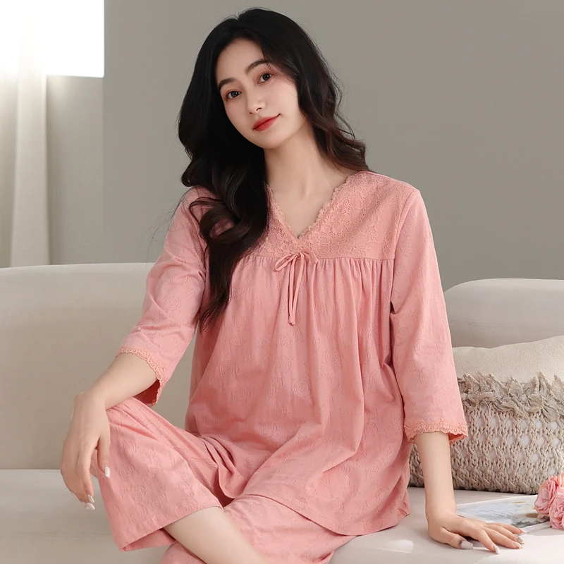 睡衣女款爆款2025新款夏季七分袖长裤套装春秋纯棉女士外穿家居服