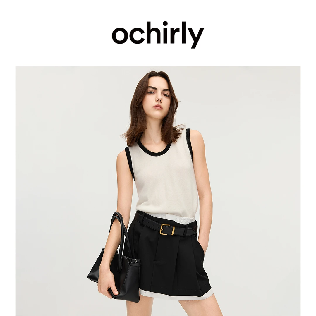 OCHIRLY欧时力 兔绒撞色毛织背心女无袖马甲上衣软糯2025秋季新品