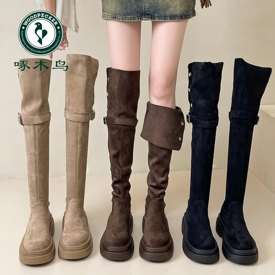 啄木鸟胖mm粗腿过膝靴女长筒靴子秋冬显瘦厚底长靴两穿高筒骑士靴