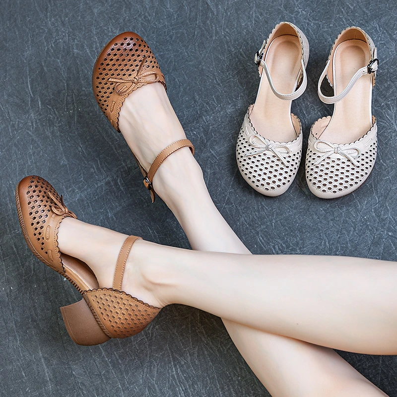 2025夏季新款真皮女士凉鞋粗跟软底中国风头层牛皮镂空中空女鞋子
