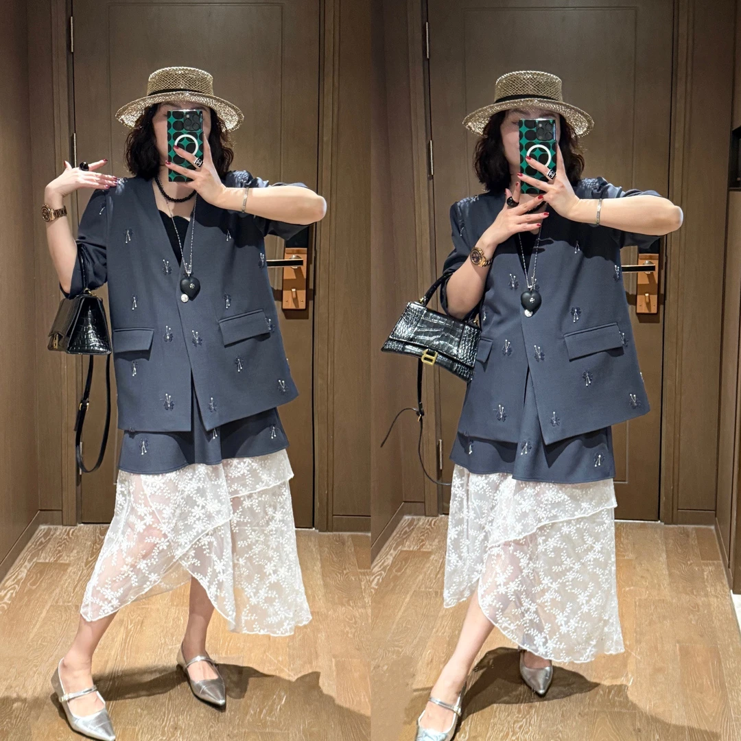 YDFSTUDIO小众【高智学姐】欧货高品钉珠设计西装+不规则半裙套装