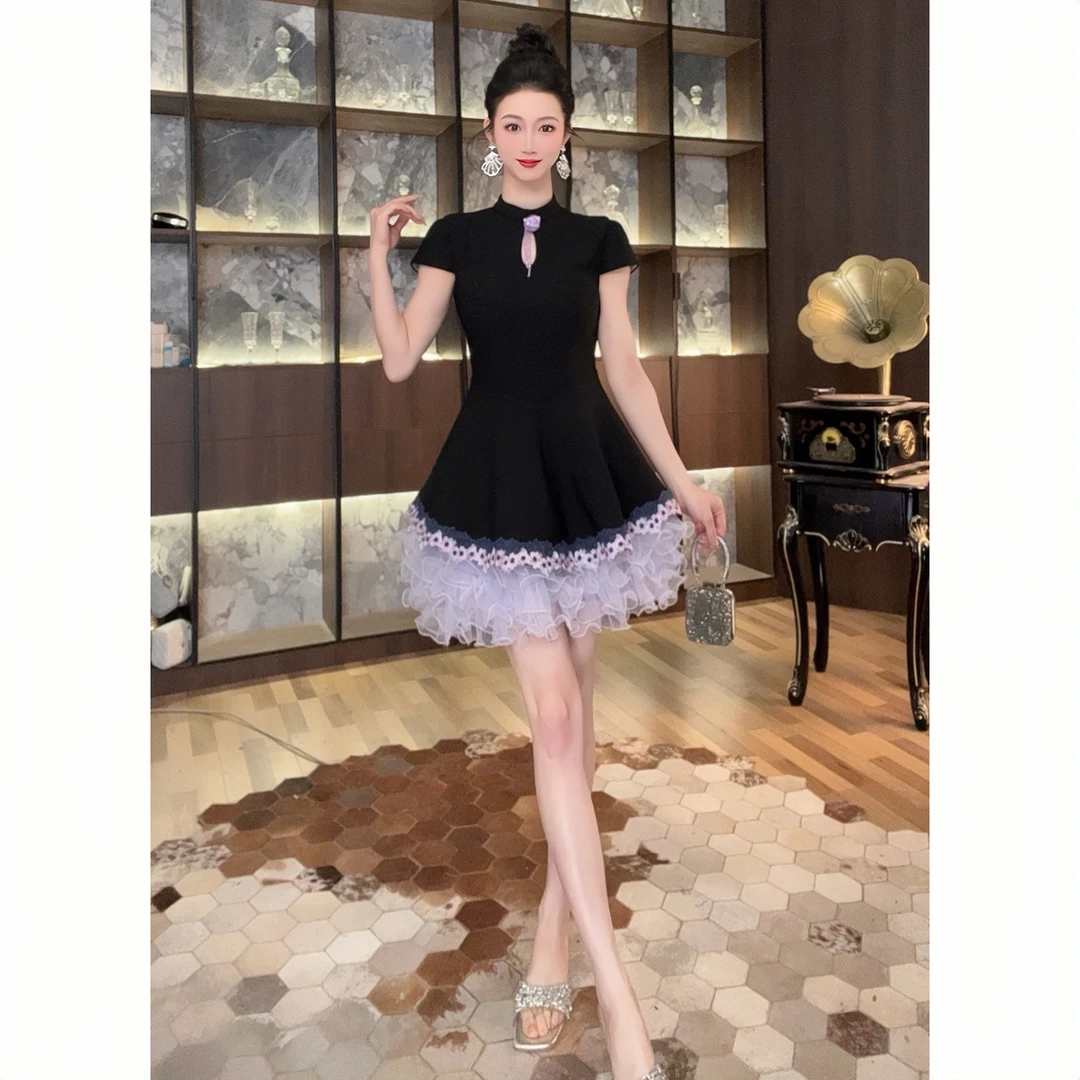 21707法式显瘦气质小个子短款夏季复古收腰修身宴会名媛连衣裙