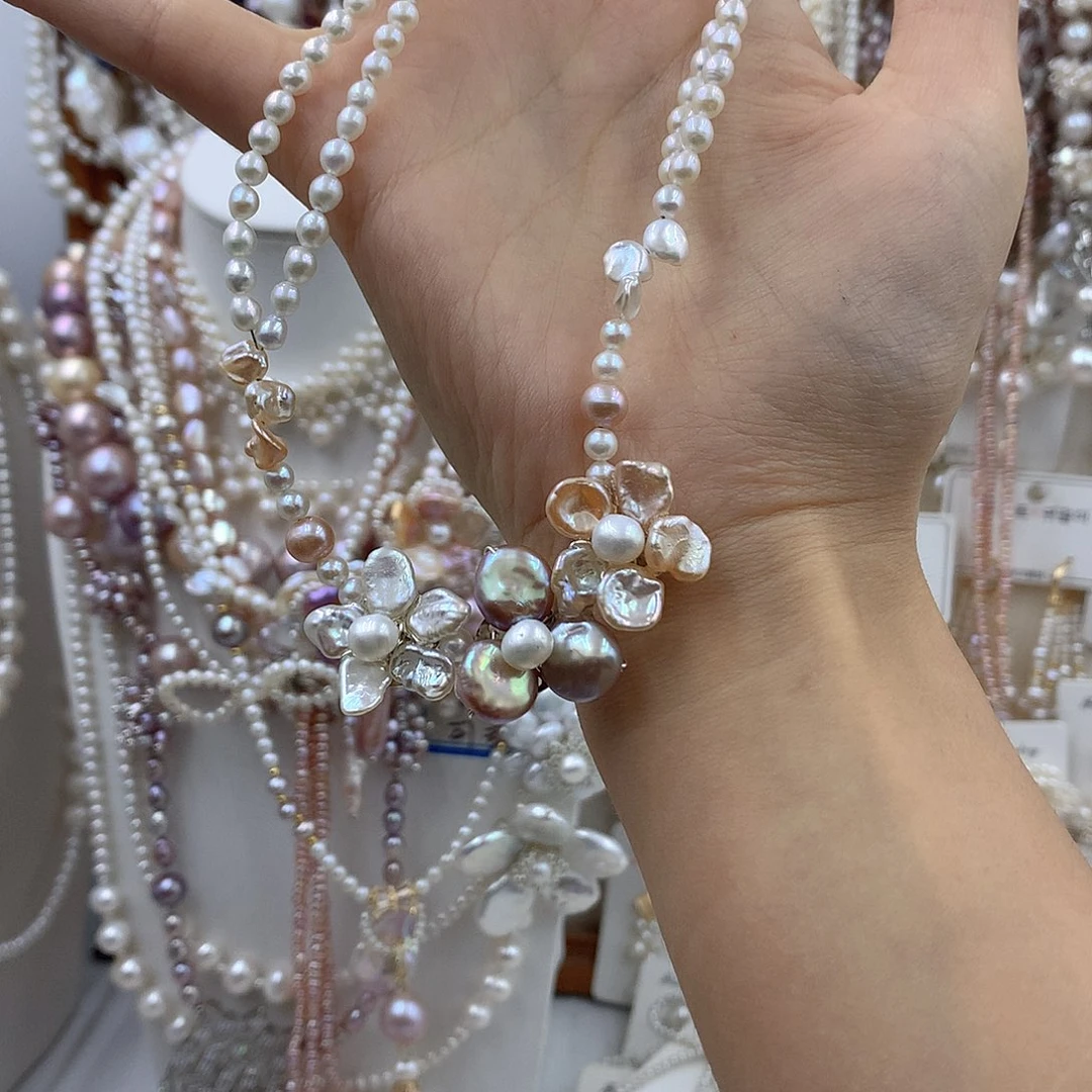 花***朱项链耳饰银S925镶嵌淡水珍珠