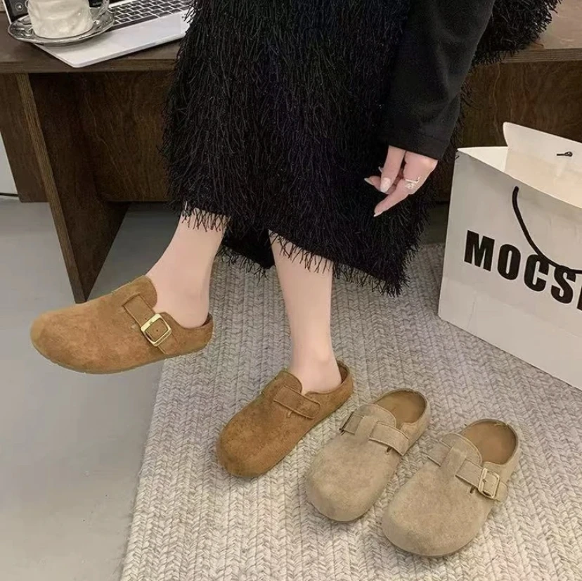 新款2025春夏勃肯厚底半拖软皮软底百搭增高时尚舒适包头女拖鞋